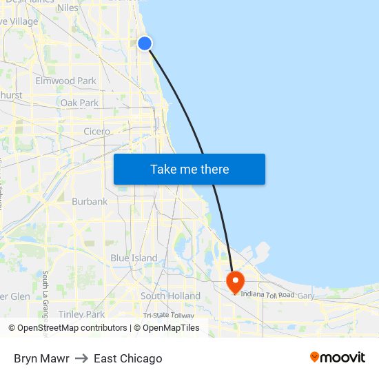 Bryn Mawr to East Chicago map