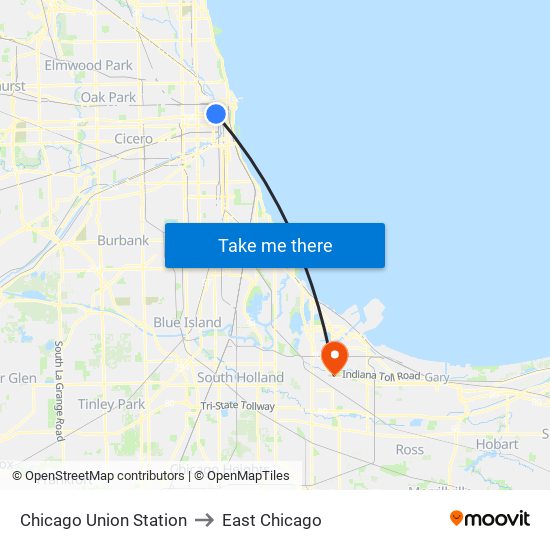 Chicago Union Station to East Chicago map
