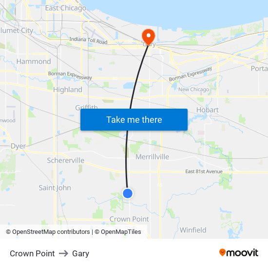 Crown Point to Gary map