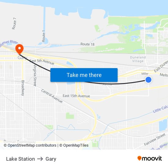 Lake Station to Gary map