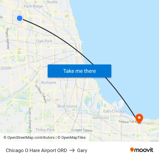 Chicago O Hare Airport ORD to Gary map