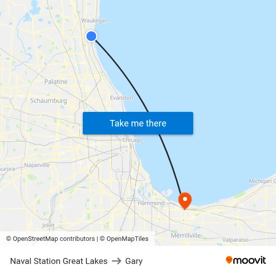 Naval Station Great Lakes to Gary map