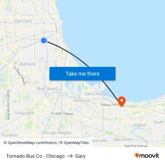 Tornado Bus Co - Chicago to Gary map