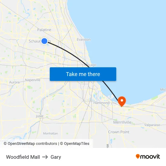 Woodfield Mall to Gary map