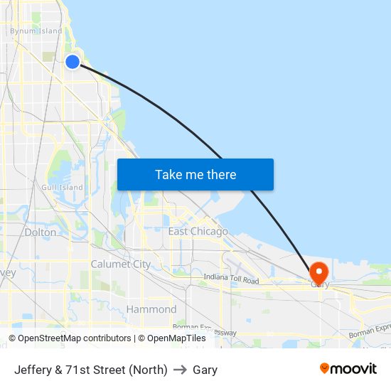 Jeffery & 71st Street (North) to Gary map