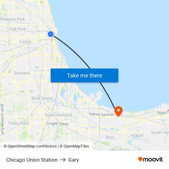 Chicago Union Station to Gary map