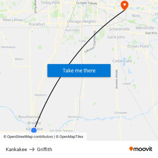 Kankakee to Griffith map