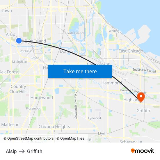Alsip to Griffith map