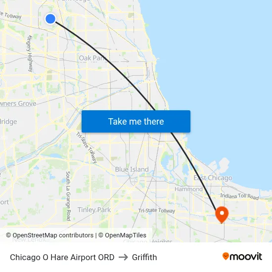 Chicago O Hare Airport ORD to Griffith map