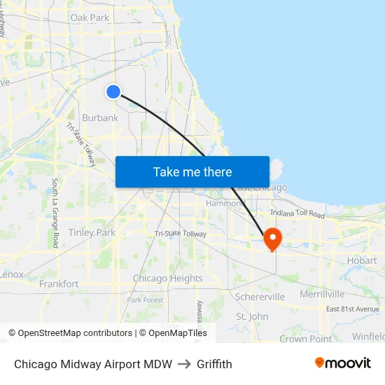 Chicago Midway Airport MDW to Griffith map