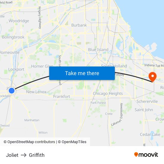 Joliet to Griffith map