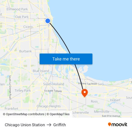 Chicago Union Station to Griffith map