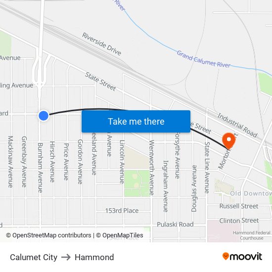 Calumet City to Hammond map