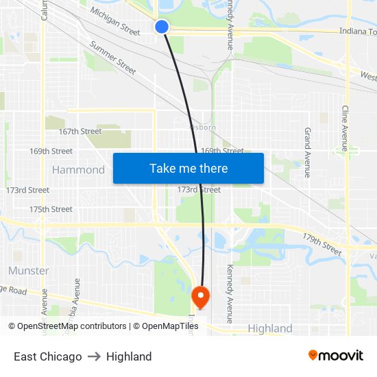 East Chicago to Highland map