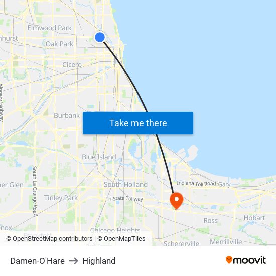 Damen-O'Hare to Highland map