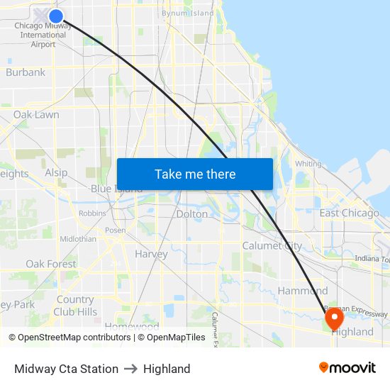 Midway Cta Station to Highland map