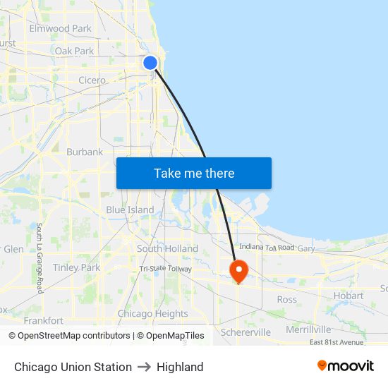 Chicago Union Station to Highland map