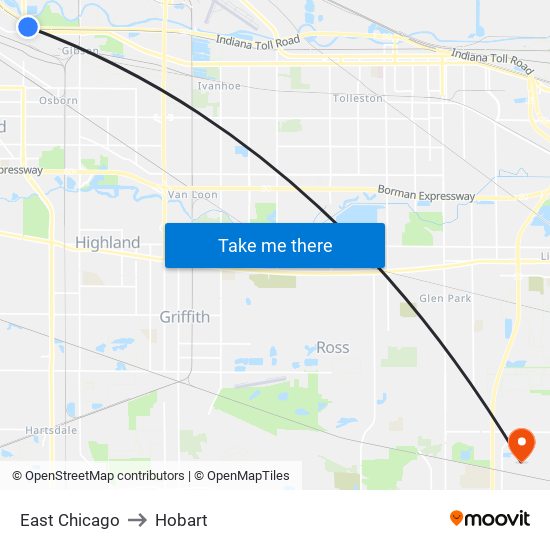 East Chicago to Hobart map