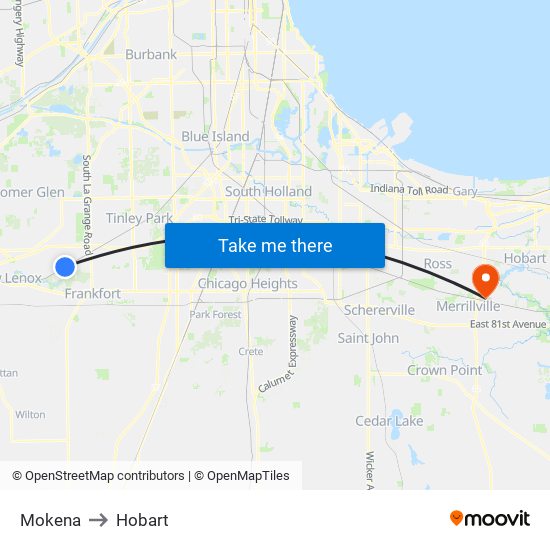Mokena to Hobart map