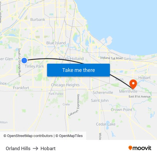 Orland Hills to Hobart map