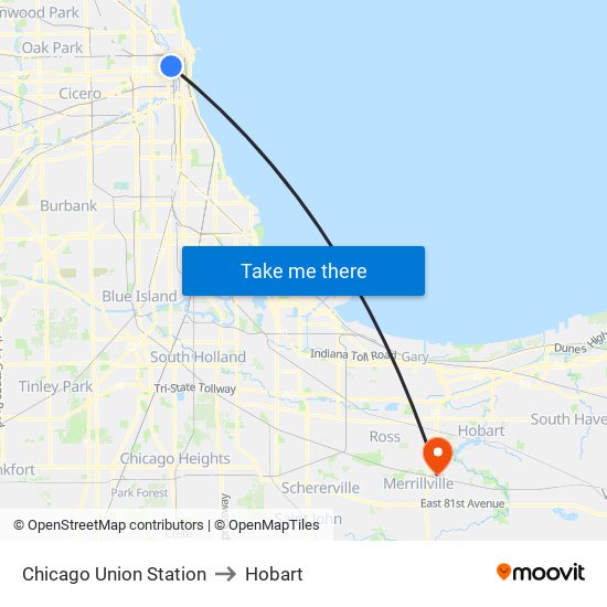 Chicago Union Station to Hobart map