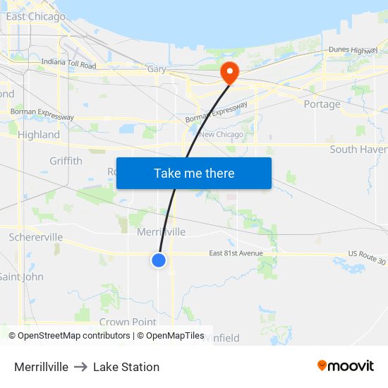 Merrillville to Lake Station map