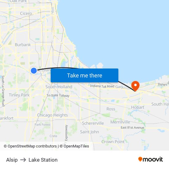 Alsip to Lake Station map