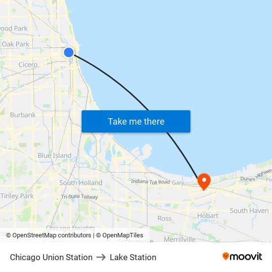 Chicago Union Station to Lake Station map