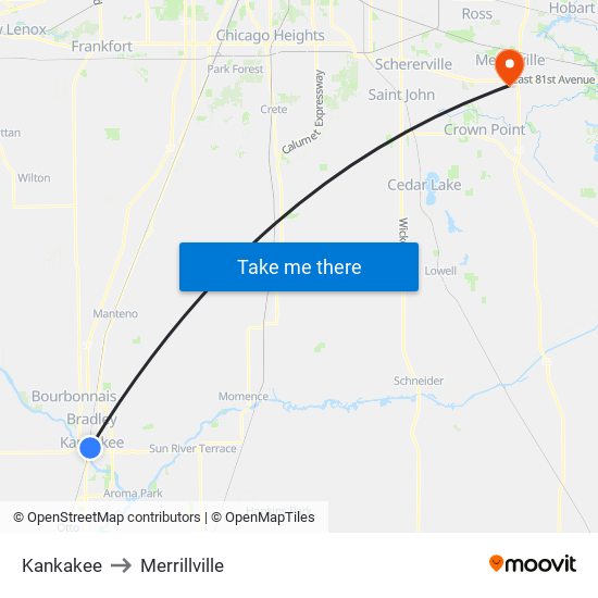 Kankakee to Merrillville map