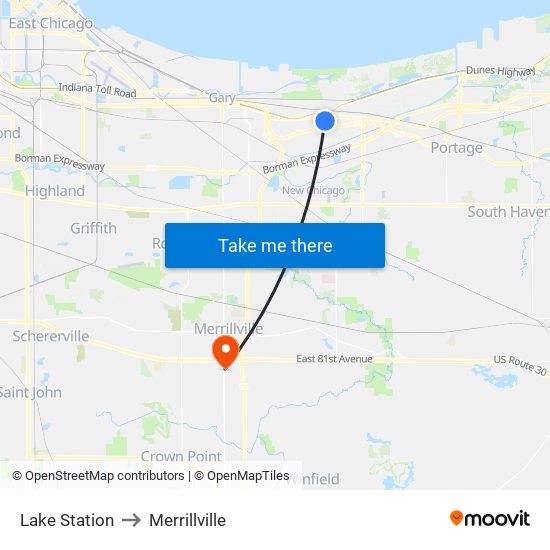 Lake Station to Merrillville map