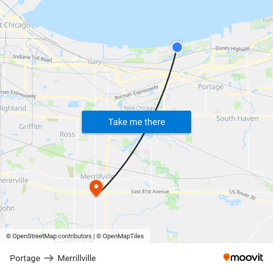 Portage to Merrillville map