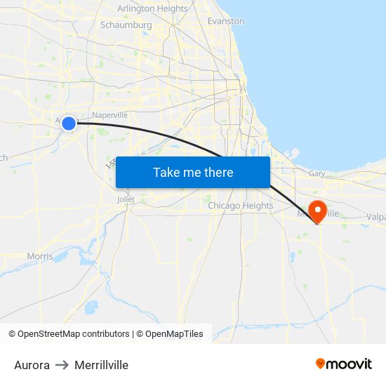 Aurora to Merrillville map