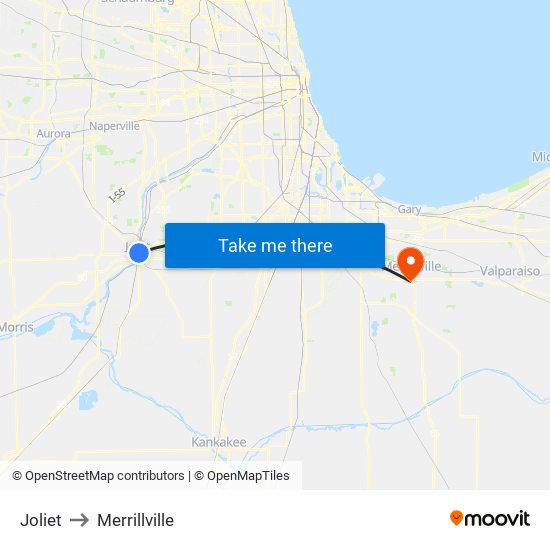 Joliet to Merrillville map