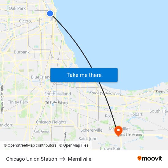 Chicago Union Station to Merrillville map