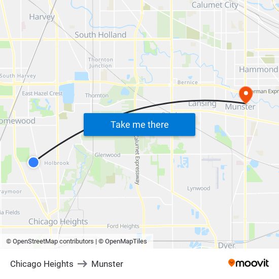 Chicago Heights to Munster map