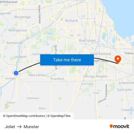 Joliet to Munster map
