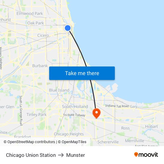Chicago Union Station to Munster map
