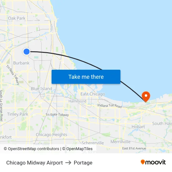 Chicago Midway Airport to Portage map