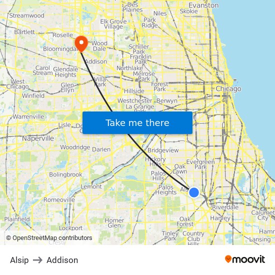 Alsip to Addison map