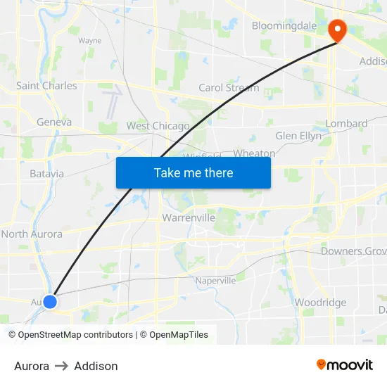 Aurora to Addison map