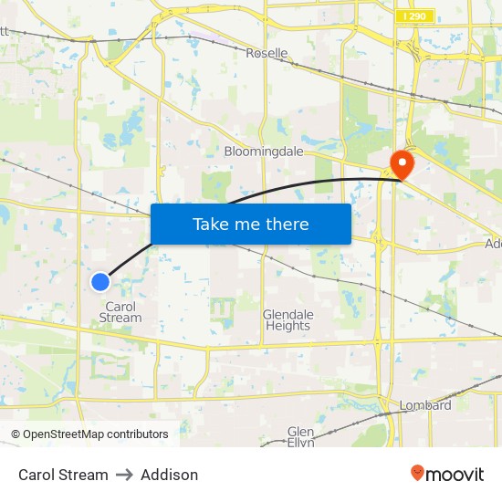 Carol Stream to Addison map