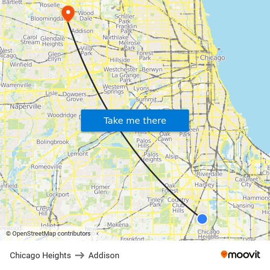 Chicago Heights to Addison map