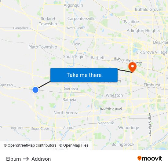 Elburn to Addison map