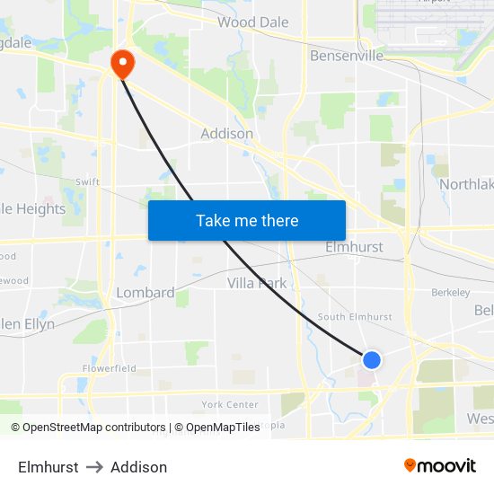 Elmhurst to Addison map