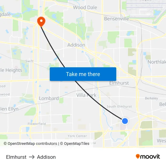Elmhurst to Addison map