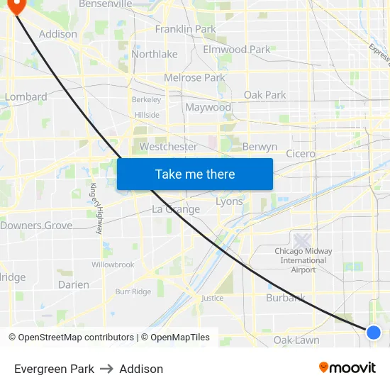 Evergreen Park to Addison map