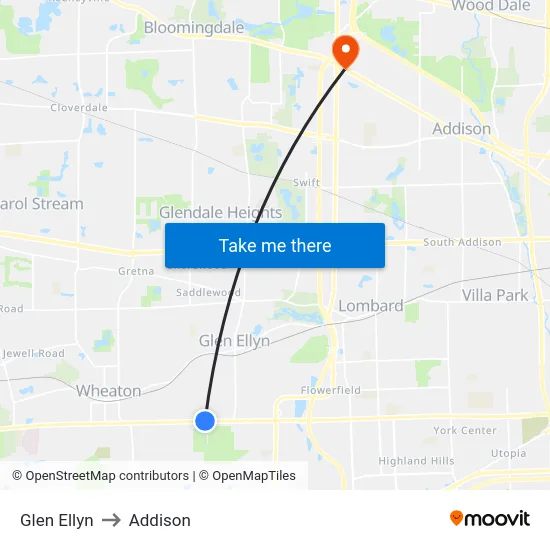 Glen Ellyn to Addison map
