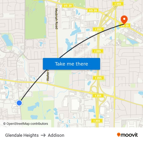Glendale Heights to Addison map