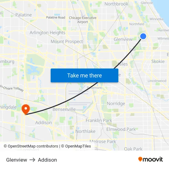 Glenview to Addison map