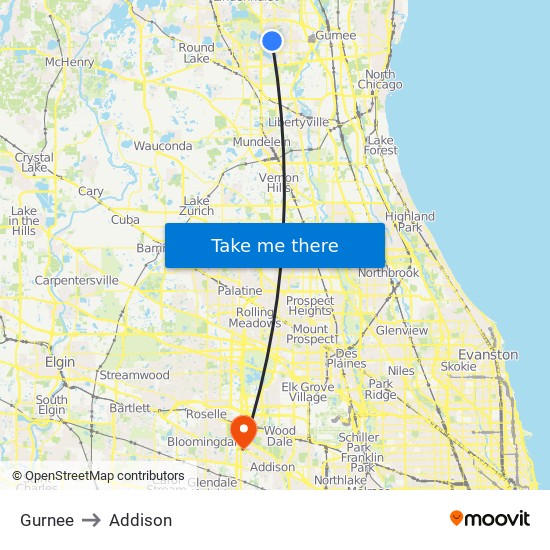 Gurnee to Addison map